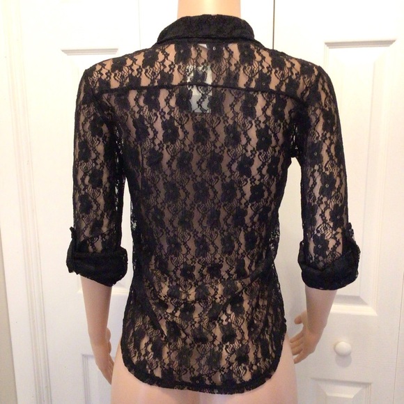 Teenbell Juniors Black Lace Semi Sheer Roll Tab Sleeve Button Up Top Size Large - Picture 4 of 5
